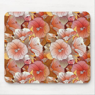 Elegant Tropical Peach And White Hibiscus Flower Mouse Mat
