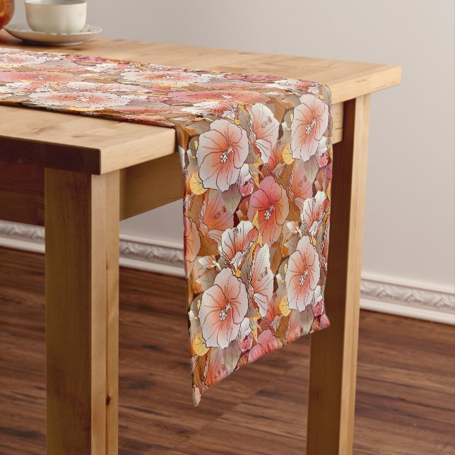 Elegant Tropical Peach And White Hibiscus Flower Short Table Runner (In Situ)