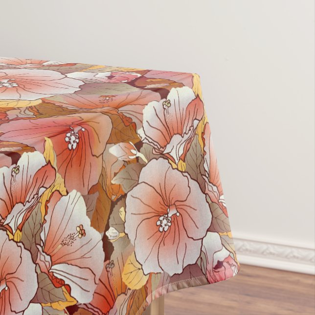 Elegant Tropical Peach And White Hibiscus Flower Tablecloth (In Situ)
