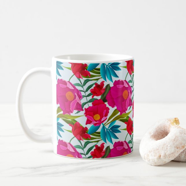 Elegant Tropical Pink And Red Flowers Coffee Mug (With Donut)