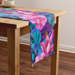 Elegant Tropical Pink Blue Purple Green Short Table Runner