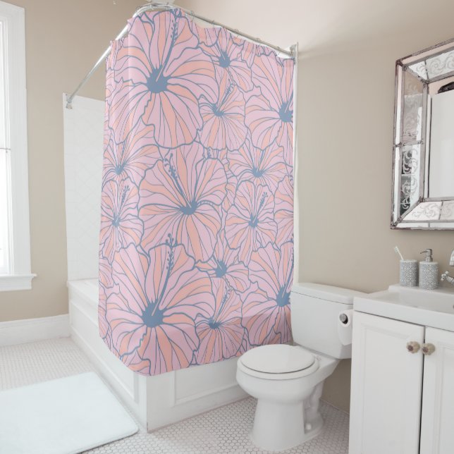 Elegant Tropical Pink Floral Hibiscus Pattern | Shower Curtain (In Situ)