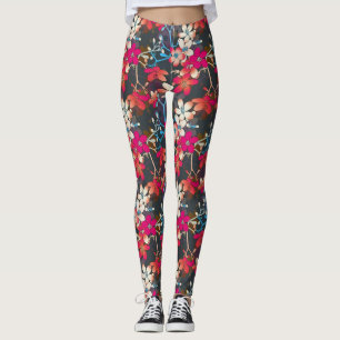 Elegant Tropical Pink Orange Flowers Leggings