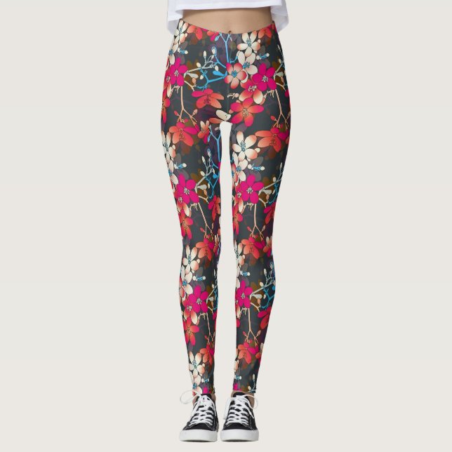 Elegant Tropical Pink Orange Flowers Leggings (Front)