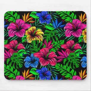 Elegant Tropical Pink Red Blue Hibiscus Flower Mouse Mat