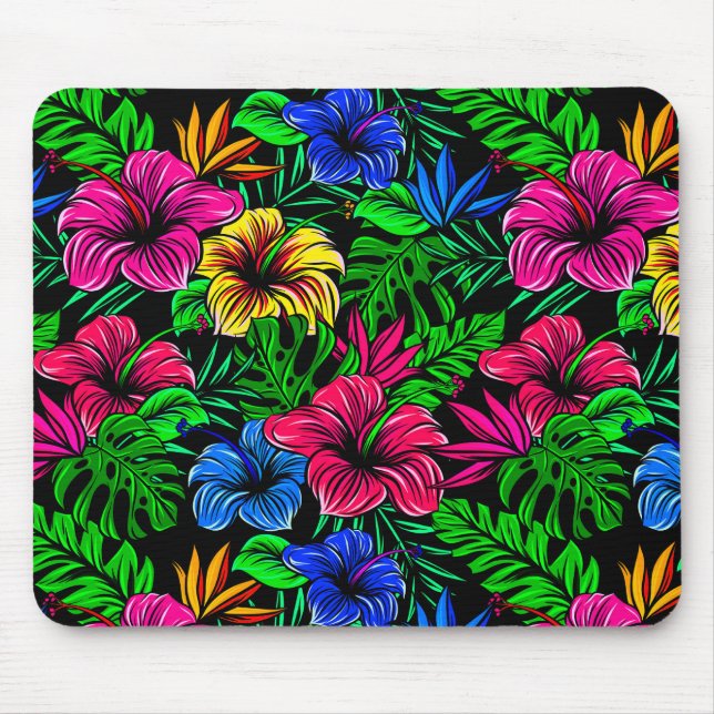 Elegant Tropical Pink Red Blue Hibiscus Flower Mouse Mat (Front)