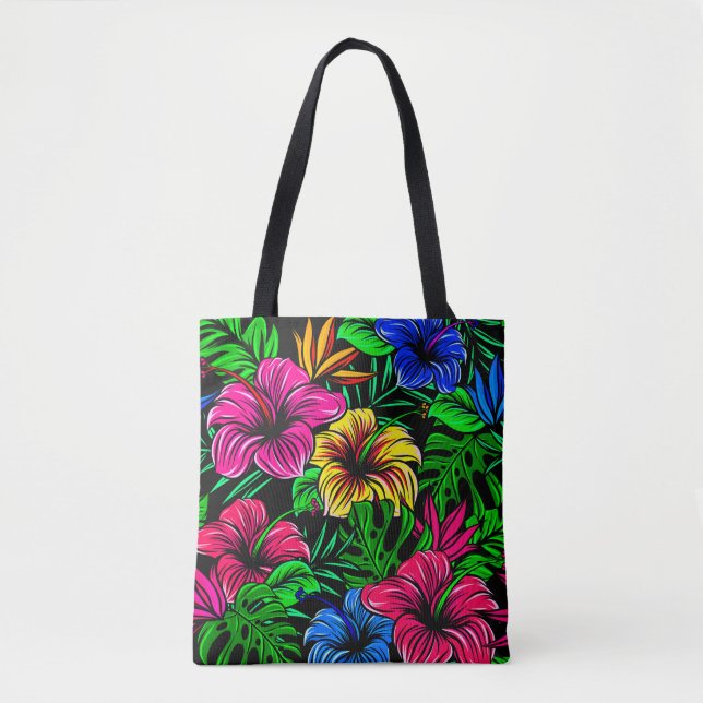 Elegant Tropical Pink Red Blue Hibiscus Flower Tote Bag (Front)