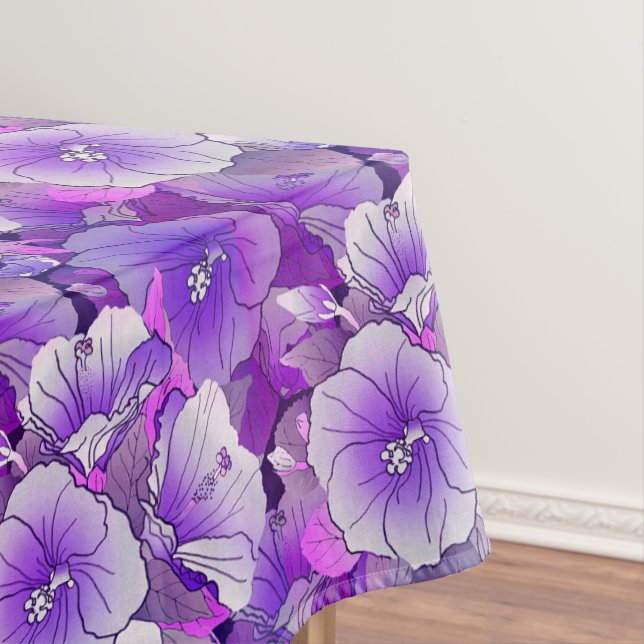 Elegant Tropical Purple And White Hibiscus Flower Tablecloth (In Situ)