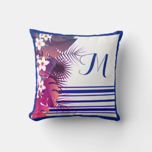 Elegant Tropical Purple Blue Floral Monogram Cushion