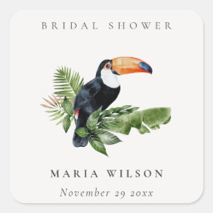 Elegant Tropical Rainforest Toucan Bridal Shower Square Sticker