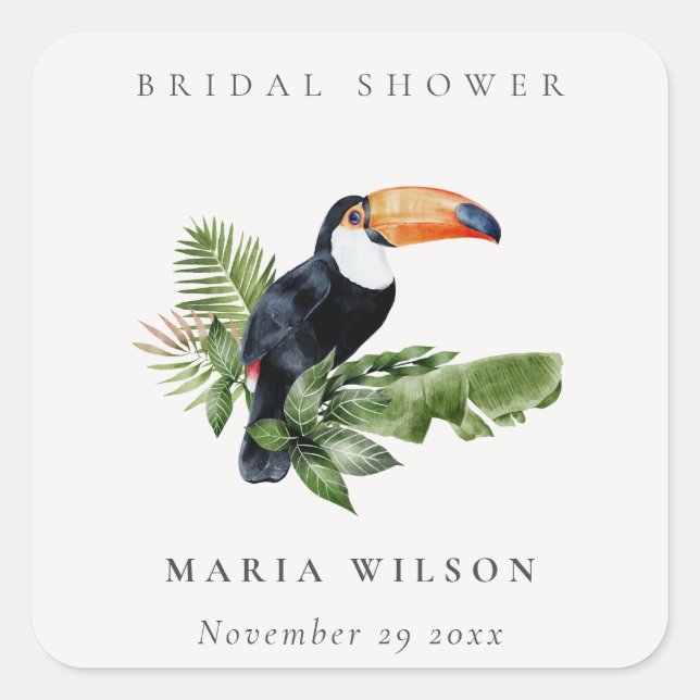Elegant Tropical Rainforest Toucan Bridal Shower Square Sticker (Front)