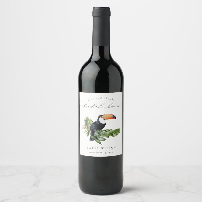 Elegant Tropical Rainforest Toucan Bridal Shower Wine Label (Front)