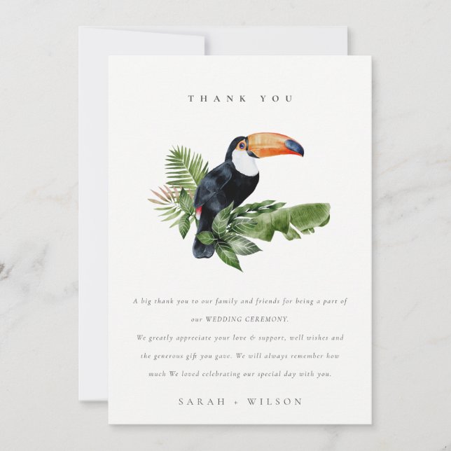 Elegant Tropical Rainforest Toucan Fauna Wedding  Thank You Card (Front)