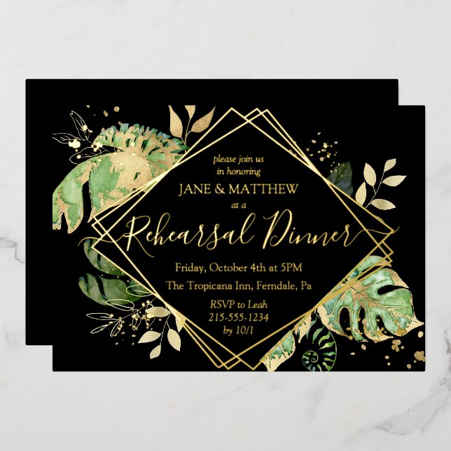 Elegant Tropical Rehearsal Dinner Black & Gold Foi (Front/Back)