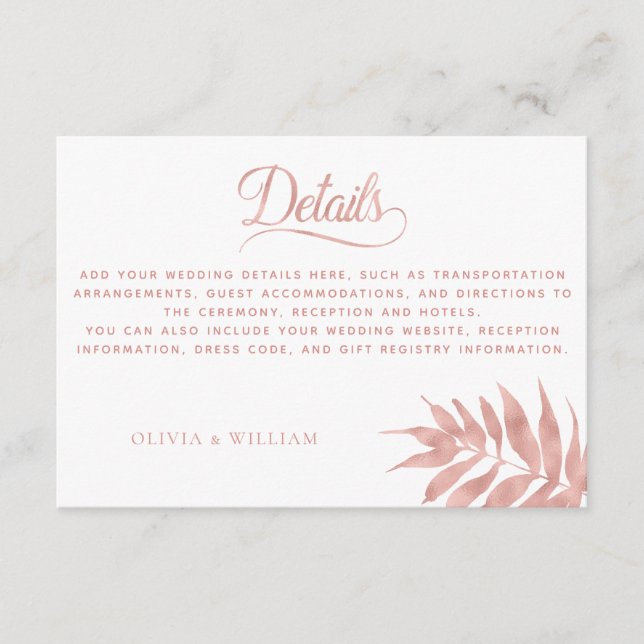 Elegant Tropical Rose Gold White Wedding Details Enclosure Card (Front)