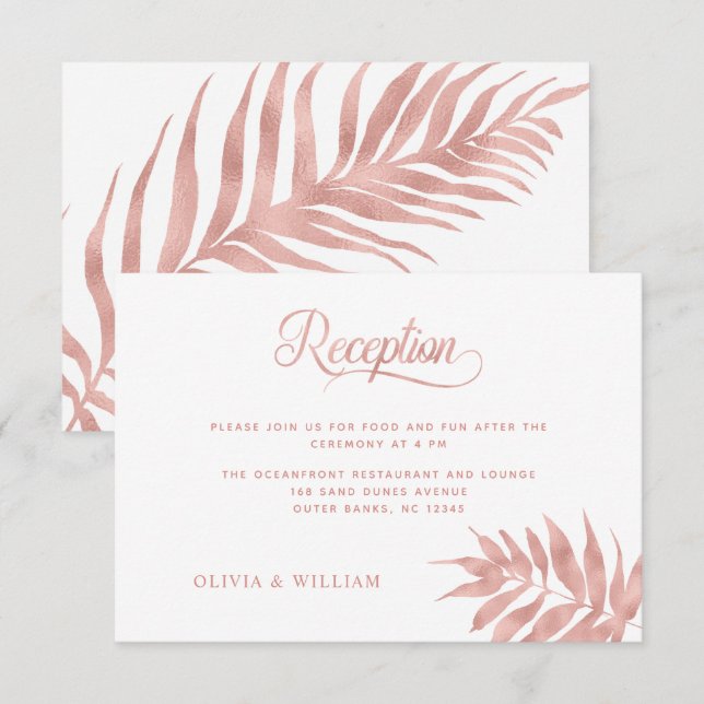 Elegant Tropical Rose Gold White Wedding Reception Enclosure Card (Front/Back)