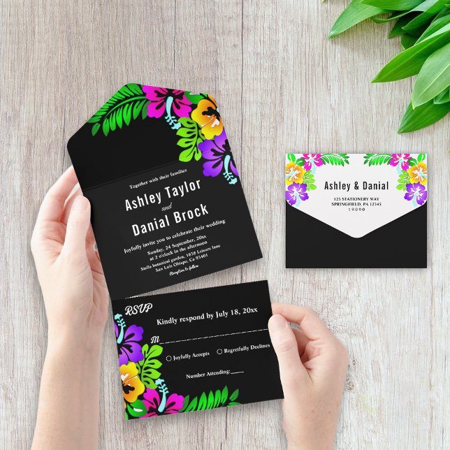 Elegant Tropical Rustic Boho Black Floral Wedding All In One Invitation (Creator Uploaded)