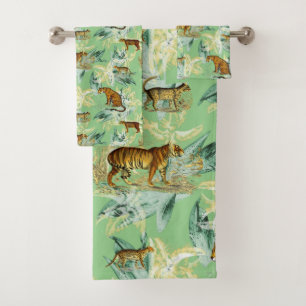 Elegant Tropical Safari Wild Cats Tiger Sage Green Bath Towel Set