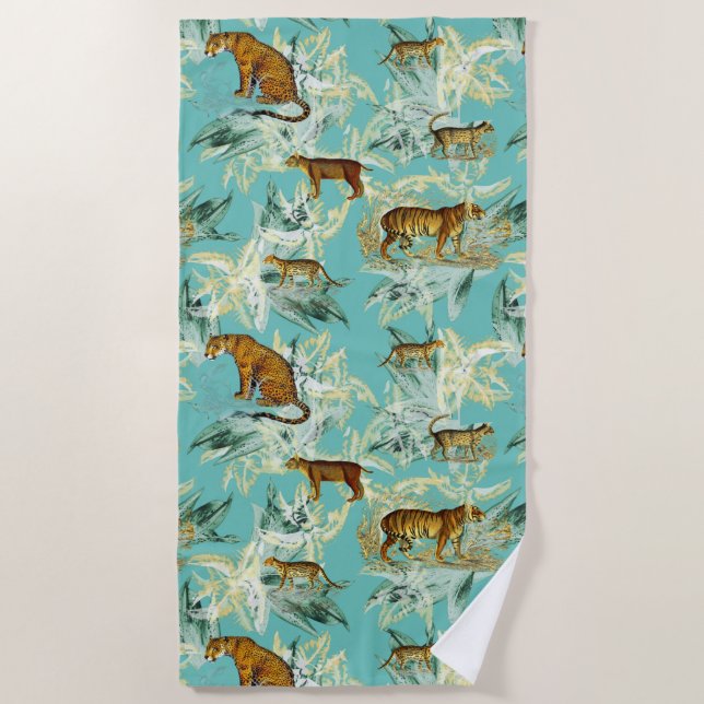 Elegant Tropical Safari Wild Cats Tiger Teal Blue Beach Towel (Front)