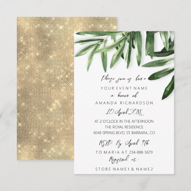 Elegant Tropical Sage Mint Green Gold White Invitation (Front/Back)