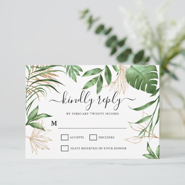 Elegant Tropical Summer Greenery & Gold Wedding RSVP Card (Standing Front)