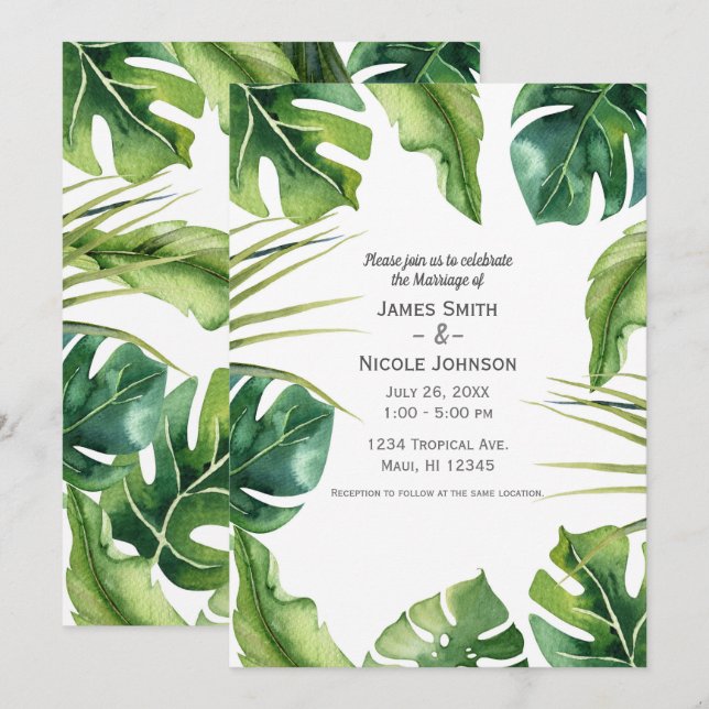 Elegant Tropical Summer Palm Leaves Wedding Invitation (Front/Back)