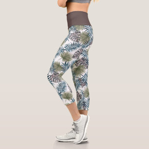Elegant Tropical Teal Blue Palm Tree Leaves Summer Capri Leggings