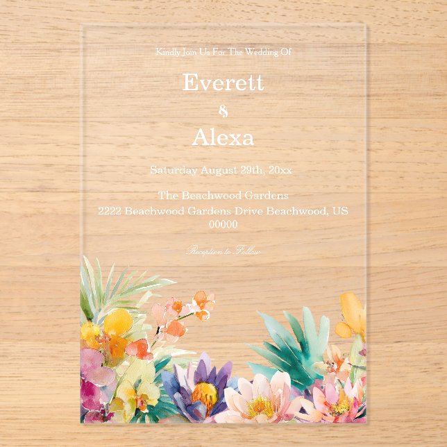 Elegant Tropical Watercolor Floral Wedding  Acrylic Invitations (Front)
