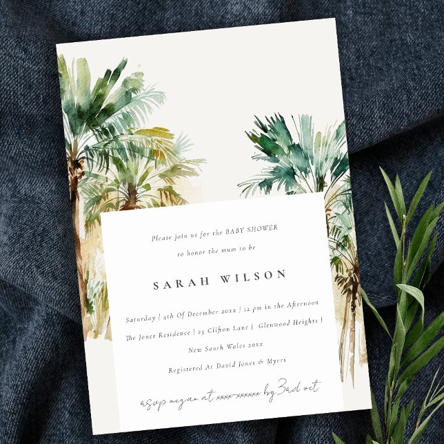 Elegant Tropical Watercolor Palm Trees Baby Shower Invitation (Creator Uploaded)