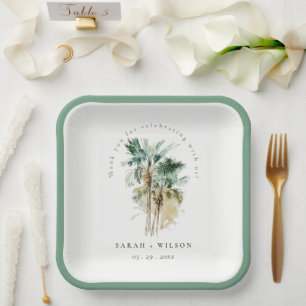 Elegant Tropical Watercolor Palm Trees Wedding Paper Plate