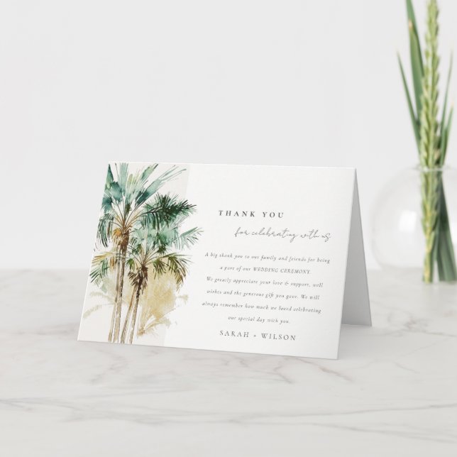 Elegant Tropical Watercolor Palm Trees Wedding Thank You Card (Front)