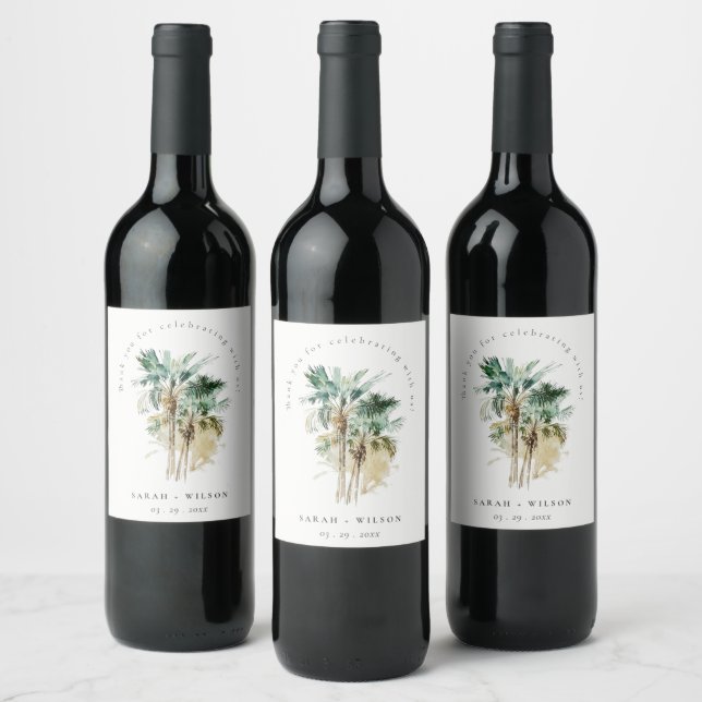 Elegant Tropical Watercolor Palm Trees Wedding Wine Label (Bottles)