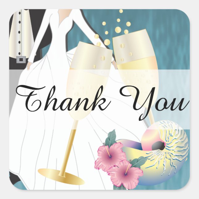 Elegant Tropical Wedding Couple | Thank You Square Sticker (Front)