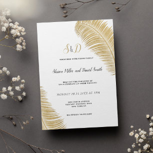 Elegant tropical white and gold leaves wedding invitation