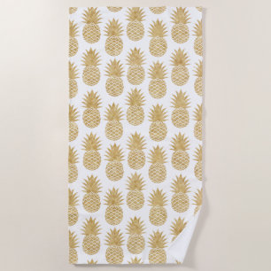 Elegant Tropical White Gold Pineapple Pattern Beach Towel