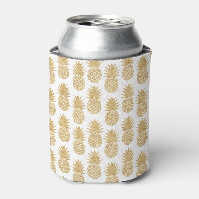 Elegant Tropical White Gold Pineapple Pattern Can Cooler (Can Front)