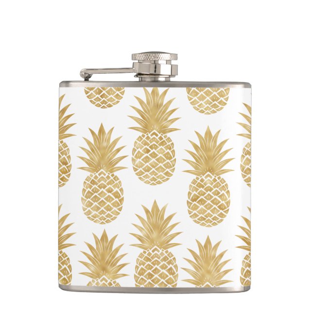 Elegant Tropical White Gold Pineapple Pattern Hip Flask (Front)