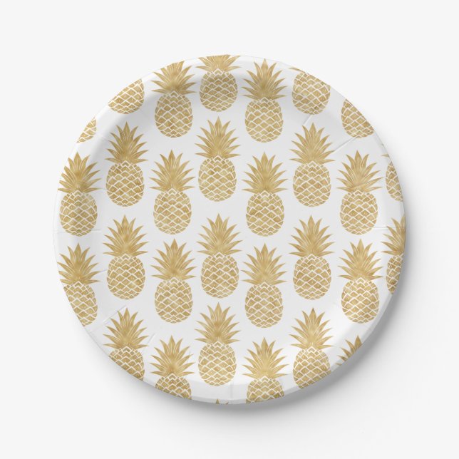 Elegant Tropical White Gold Pineapple Pattern Paper Plate (Front)
