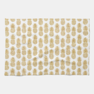 Elegant Tropical White Gold Pineapple Pattern Tea Towel