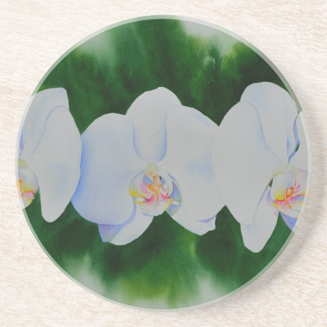 Elegant tropical white watercolor orchid painting  coaster (Front)