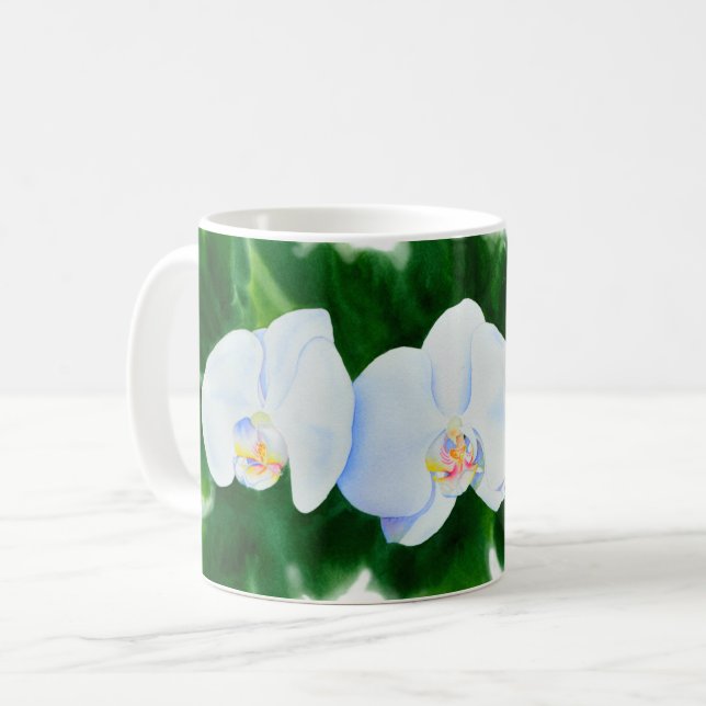Elegant tropical white watercolor orchid painting  coffee mug (Front Left)
