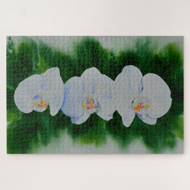 Elegant tropical white watercolor orchid painting  jigsaw puzzle (Horizontal)