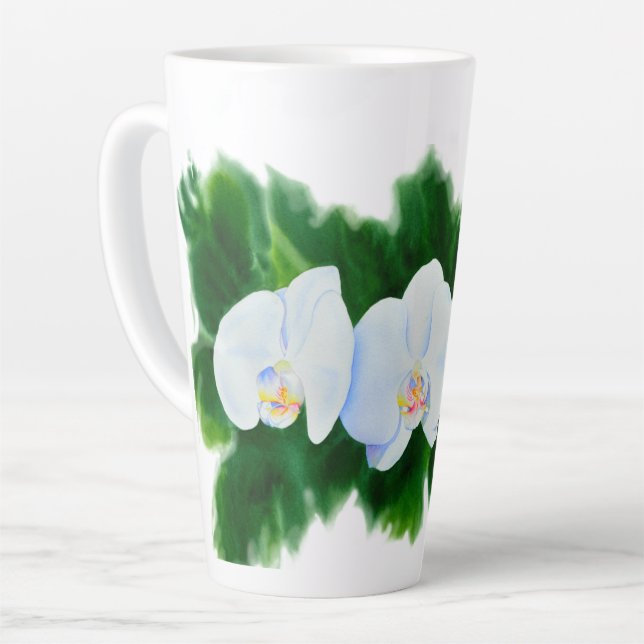 Elegant tropical white watercolor orchid painting  latte mug (Left Angle)