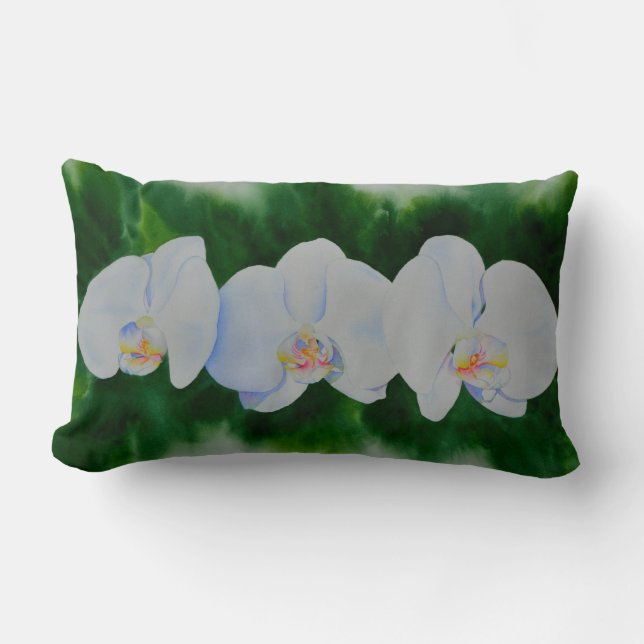 Elegant tropical white watercolor orchid painting  lumbar cushion (Front)