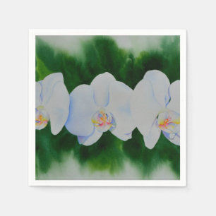 Elegant tropical white watercolor orchid painting napkin