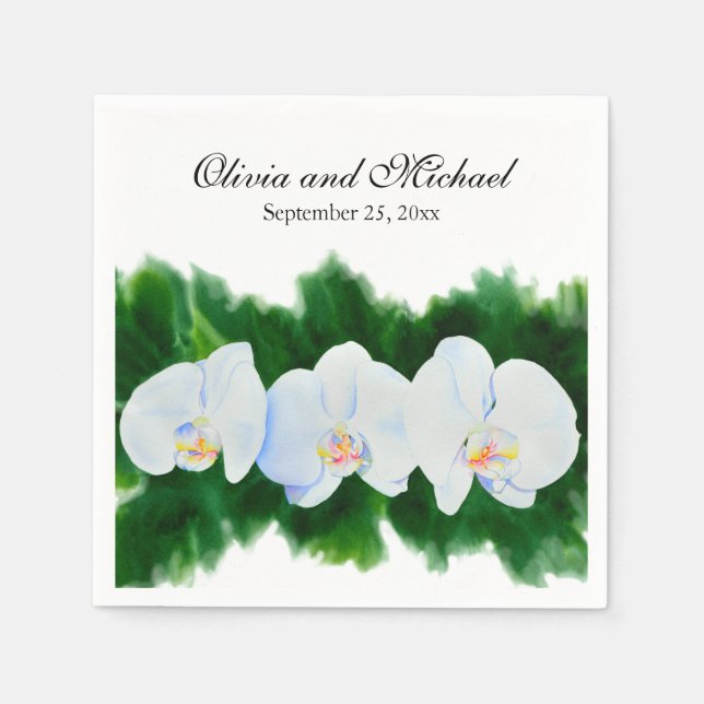 Elegant tropical white watercolor orchid painting  napkin (Front)