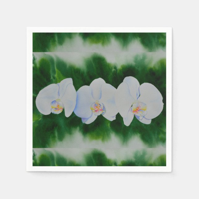 Elegant tropical white watercolor orchid painting  napkin (Front)