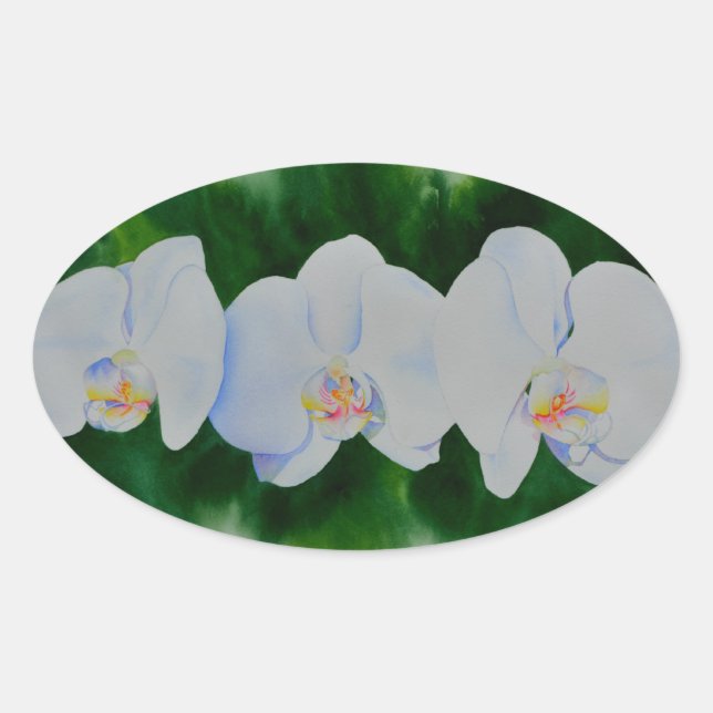 Elegant tropical white watercolor orchid painting  oval sticker (Front)