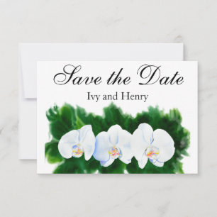 Elegant tropical white watercolor orchid painting save the date