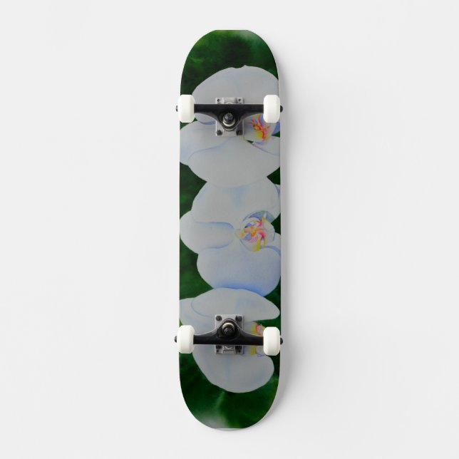 Elegant tropical white watercolor orchid painting  skateboard (Front)